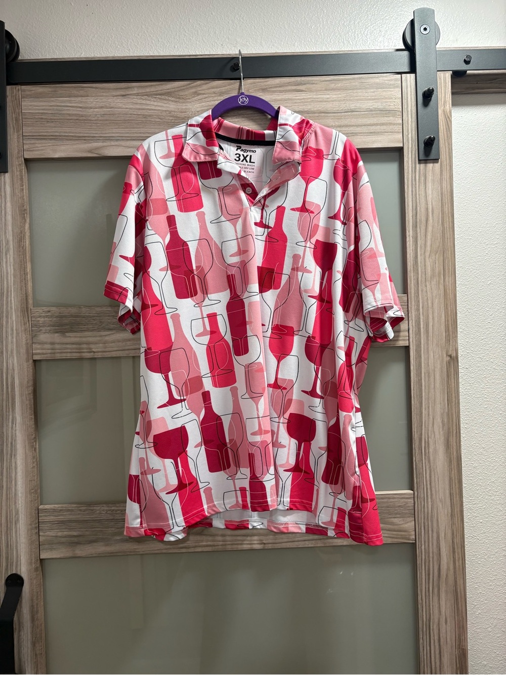 Wine Glass Print Polo Shirt in Pink & White